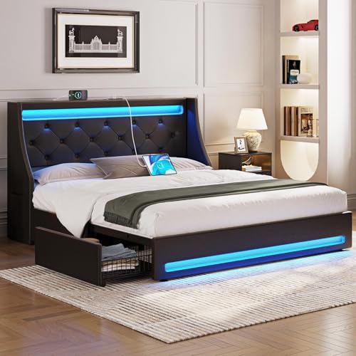 Full Bed Frame with LED Lights, USB Charging Ports, and Storage Drawers