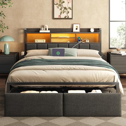 Queen Bed Frame with Storage Drawers, LED Lights & USB Charging