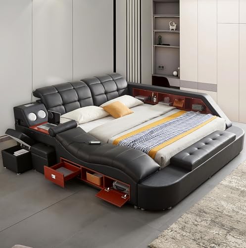 Multifunctional Smart King Bed Frame with Massage, Bluetooth Speakers, USB Charging, and Storage Drawers