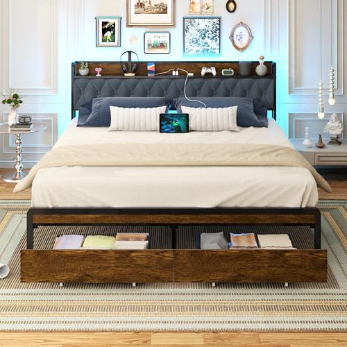King Size Metal Platform Bed Frame with Storage Drawers and LED Lighting