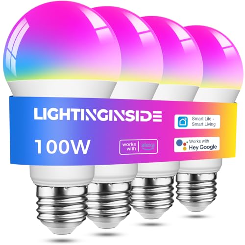 Lightinginside Smart RGBW LED Bulbs, 1350 Lumens, Voice and App Control, No Hub Needed, 4-Pack