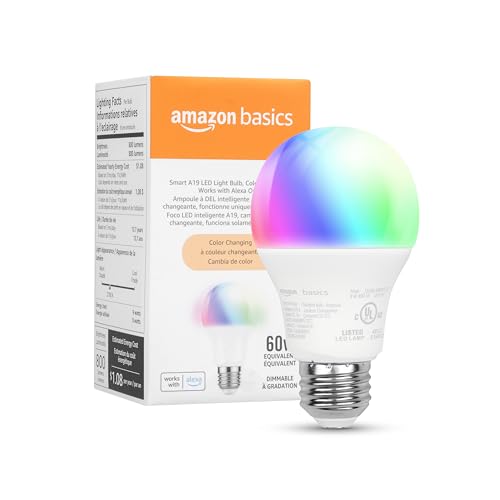 Amazon Basics Alexa-Enabled Smart A19 LED Bulb, Color Changing, 9W
