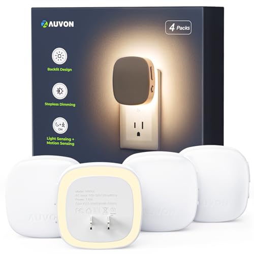 AUVON Dimmable LED Backlit Night Light with Motion and Light Sensors, Warm White (4 Pack)