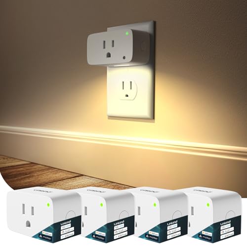 Linkind Smart Plug with LED Night Light - 15A, Matter-Compatible, Remote Control, Timer & Dusk-to-Dawn Sensor (4 Pack)